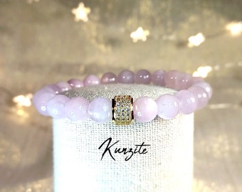 Kunzite bracelet round beads natural stones 7.5mm - 18k gold plated brass rhinestones - beautiful feminine jewel - gift for woman ready to offer