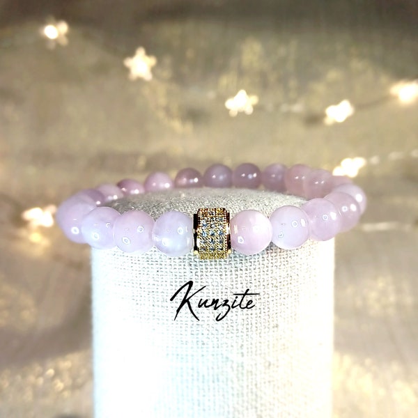 Bracelet Kunzite perles rondes pierres naturelles 7.5mm - Laiton plaqué or 18k strass - beau bijou féminin - cadeau noël femme prêt à offrir