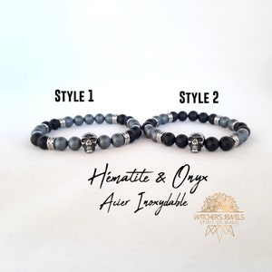 Pulseras de pareja Hematita sintética esmerilada y Ónix 8mm - pulsera muy resistente - Piedras naturales y calavera de acero inoxidable
