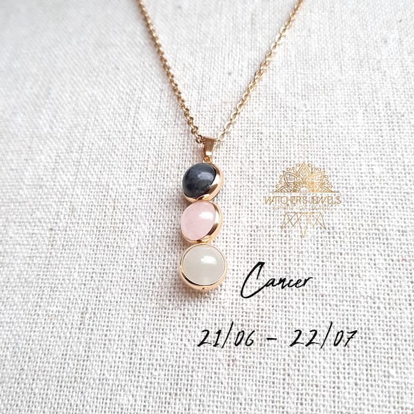 Collar de oro ASTROLÓGICO Cáncer, marco de cuentas de latón bañado en oro de 18 k, cadena de acero inoxidable bañada en oro de 18 k, piedra del zodiaco