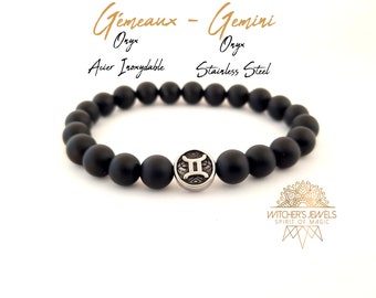 Bracelet noir mat GEMEAUX signe du zodiaque, signe astrologique acier inoxydable - Pierres naturelles d'agate onyx noire 8mm