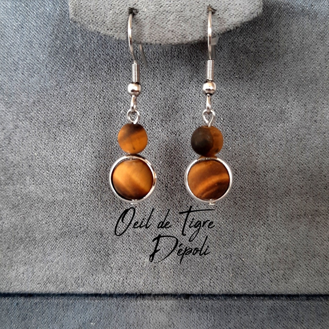 Frosted TIGER EYE Earrings 2 Natural Stone Balls Dangling BO Hooks in ...