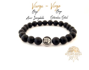 Bracelet noir mat VIERGE signe du zodiaque, signe astrologique acier inoxydable - Pierres naturelles d'agate onyx noire 8mm