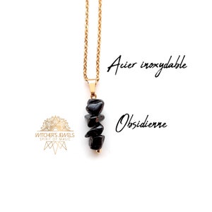 Gold obsidian necklace, natural stone pendant, cluster of genuine natural black stone nuggets, gold stainless steel.
