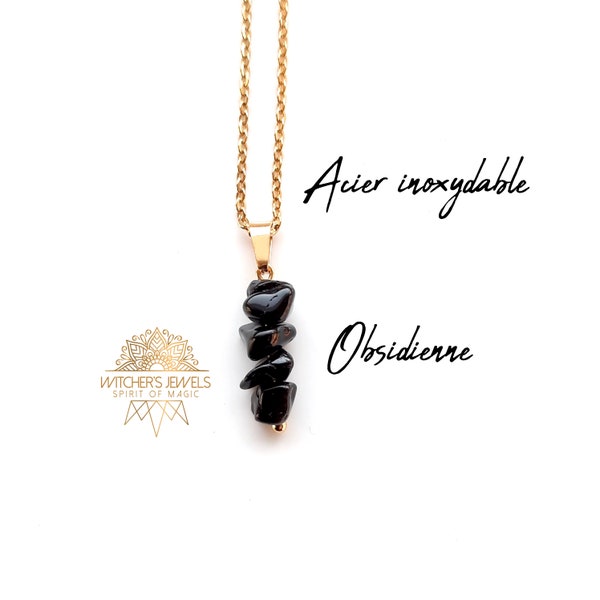 Collier obsidienne or, pendentif pierre naturelle, grappe de pépites de pierres noires naturelles véritable, acier inoxydable doré.