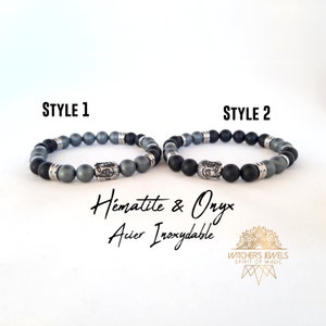 Pulseras de pareja Hematita sintética esmerilada y ónix 8mm - pulsera muy resistente - Piedras naturales y acero inoxidable Buddha