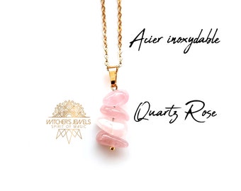 Gold rose quartz necklace, natural stone pendant, cluster of genuine natural stone nuggets, gold-plated stainless steel.