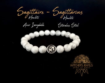 Bracelet blanc SAGITTAIRE signe du zodiaque, signe astrologique acier inoxydable - Pierres naturelles de howlite blanche 8mm