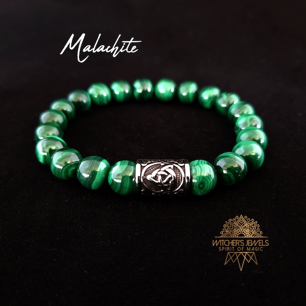 Bracelet Malachite naturelle 8mm Grade AAA - Perle symbole de la trinité en acier inoxydable - Bracelet élastique très résistant