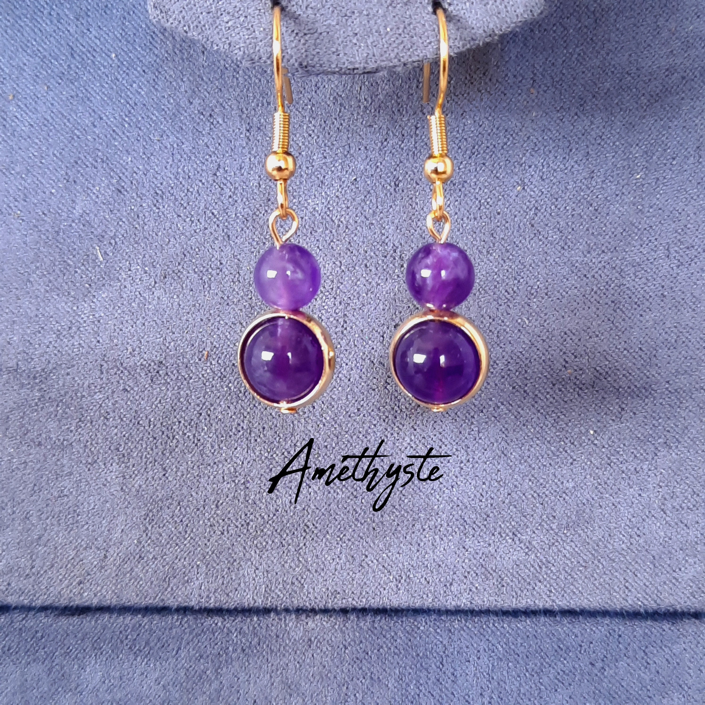 Purple AMETHYST earrings - 2 natural stone balls - Dangling earrings Stainless steel hooks and 18k gold plated brass