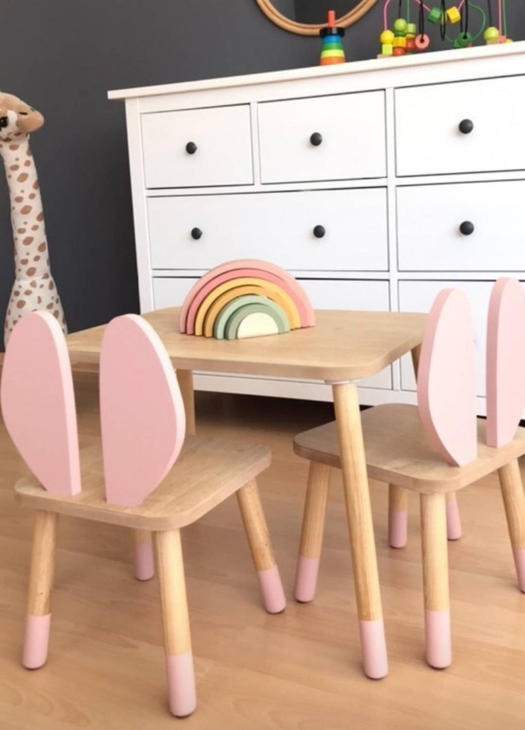 Wooden Kids Table and Chair Set Pink Rabbit Chair Wooden Etsy UK