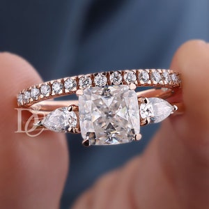 1.78 CT cushion cut engagement ring,moissanite three stone ring set,pear side stone&square cushion moissanite ring,bridal wedding ring set
