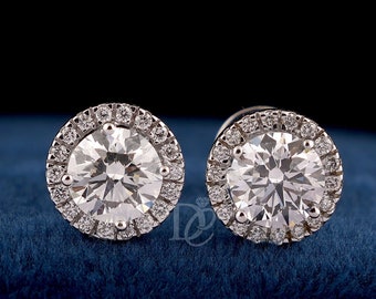 Pair&#39;s of Moissanite Earring Studs,Round Cut Moissanite Halo Earrings,14k White Gold Screw Back Studs,Anniversary/Bridal Gold Earrings