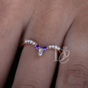 Moissanite Curved wedding band in rose gold chevron band Vintage marquise Alexandrite  rings,Antique stacking band anniversary matching band