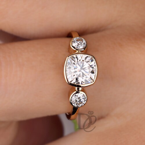 Moissanite Bezel Set Ring,Colorless Cushion & Round Moissanite shops Ring,Three Stone Wedding Ring,14K yellow gold Moissanite Engagement Ring