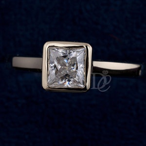 Princess Cut Bezel Set Moissanite Engagement Ring, Solitaire Moissanite Diamond Anniversary Ring, 14K Yellow Gold Wedding Ring, Promise Ring