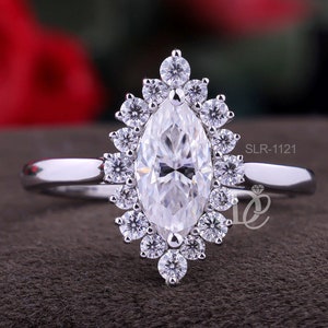 Marquise Diamond Moissanite Vintage Ring With Halo Of Round Moissanite Diamond,10k gold Bubble style halo,Marquise cluster Halo Ring for her