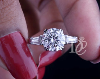 3.68 TW Round Brilliant Cut Moissanite Ring,Side Tapered Baguette Three Stone Engagement Ring,double Claw Prong,14k Wedding Ring for Her