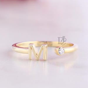 Solid Gold M Initial Open Ring with Moissanite Diamond,Unique Custom Letter Ring,Adjustable Alphabet Band for Her,Everyday Wear Jewelry Gift