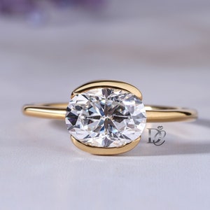 1.67CT Oval Moissanite Engagement Ring,Half Bezel Set Solitaire Wedding Ring,Oval Cut East To West Ring,14k Solid Gold Anniversary Gift Ring