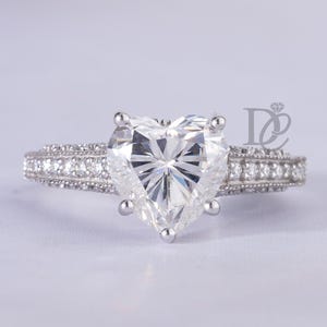 2.7 CT Heart Cut Moissanite Three Sided Paved Wedding Ring,Vintage 14k White Gold Engagement Ring,Milgrain Set Ring,Anniversary Promise Ring