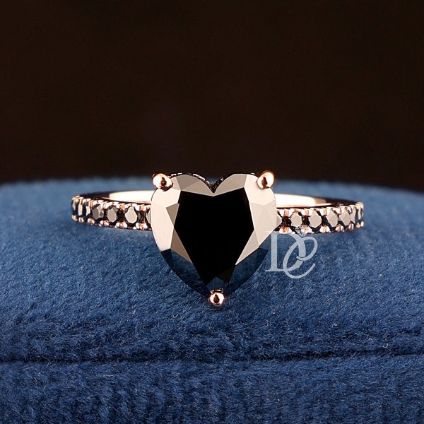 black Heart Cut moissanite Hidden Halo Engagement Ring,Heart Cut Moissanite Wedding Ring,14K Rose Gold Wedding Ring,Anniversary Gift for Her