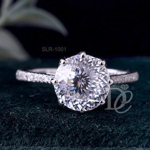Anello di fidanzamento con moissanite taglio portoghese antico di forma rotonda, anello solitario a forma di fiore a 8 punte in oro bianco 14k, anello regalo per anniversario, anello da sposa