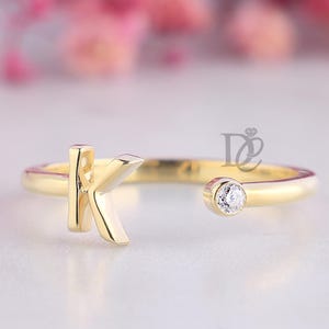 Solid 18k Yellow Gold Initial Letter K Open Alphabets Band Ring,Bezel Set Moissanite Diamond Accent,Minimalist Anniversary Gift Ring for Her
