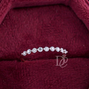 2.00MM Single Prong Half Eternity Wedding Band, Round Cut Moissanite Bubble Shared Prong, Wedding Band,Stackable Band,Anniversary Ring Women