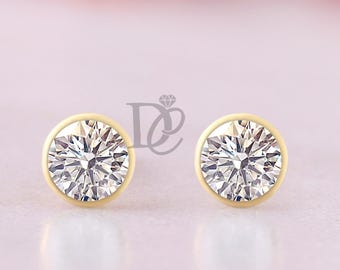 Full Bezel Set Solitaire Earrings,0.3/0.5/1 TCW Round Cut Moissanite Stud Earrings,Screw Back Style Wedding Earring,Minimalist Studs for Her