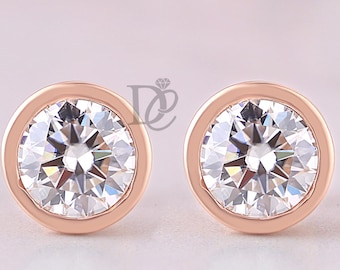 Round Cut Moissanite Solitaire Stud Earrings,14K Rose Gold Screw Back Earrings,Bezel Set Diamond Bridal Earrings,Everyday Wear Studs For Her