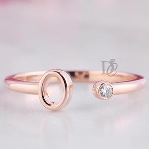 Adjustable O Initial Ring for Her,Bezel Set Moissanite Diamond Letter Ring,Custom Alphabet Band,Solid White,Rose & Yellow Gold Promise Ring