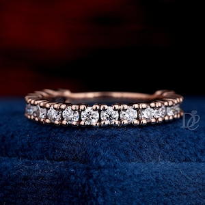 Unique Moissanite Wedding Band,Women Round Cut Half Eternity Band,Yellow Gold Wedding Band,Vintage Stacking Matching Bridal RingPromise Ring