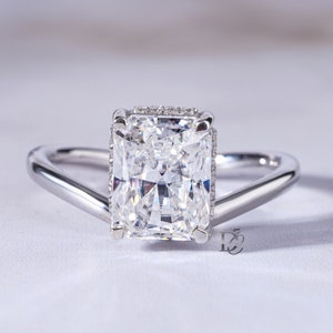 3Ct Radiant Cut Moissanite Engagement Ring,Crushed Ice Radiant Cut Ring,10K White Gold Elongated Radiant,Hidden Halo Luxury Ring for Her