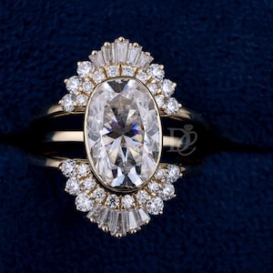 Oval Moissanite Engagement ring set,Yellow gold Vintage Enhancer Wedding Band,Unique double curved Stacking matching band,Anniversary Gift
