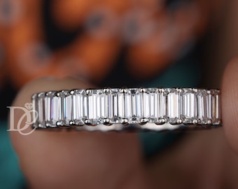 Emerald Cut Moissanite Eternity Band, Bridal Wedding Ring