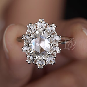 Victorian 1.7 CT Oval Rose Cut with Round Rose Cut Cluster Halo Colorless Moissanite Engagement Ring, Vintage Anniversary Ring, Bridal Ring