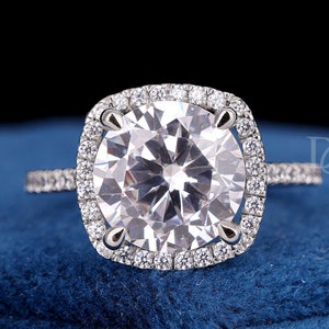 Halo Moissanite 1.75 CT Round Cut Engagement Ring, Half Eternity Moissanite Hidden Halo 14K Gold Ring, Classic Halo Moissanite Bridal Ring