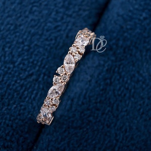 Vintage moissanite wedding band art deco ring half eternity round and marquise cut rose gold unique stacking matching band anniversary band