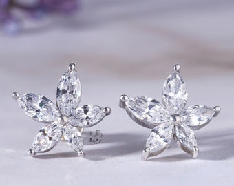 Unique Designer Flower Shape Earrings,1.3 TCW Marquise Cut Moissanite Stud Earrings,Five Stone Push Back Style Earrings,Minimalist Earrings