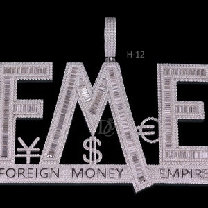 Pingente masculino Iced Out "FME" para homens, pingente de moissanita baguette VVS com 3 letras, pingente de hip-hop 925 prata esterlina 925 personalizado com nome próprio para rapper