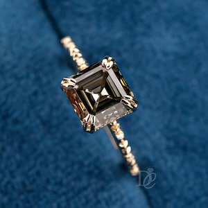 Light Grey Asscher Step Cut Moissanite Solitaire Engagement Ring,Double Claw Prong,Moissanite Diamond Hidden Halo Wedding Ring,Promise Ring