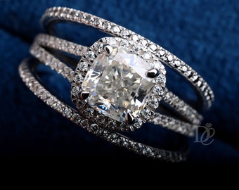 Cushion Cut Halo Split Shank Moissanite Engagement Ring Set,French Pave Diamond Proposal Ring,Modern Bridal Ring Set,White Gold Wedding Band