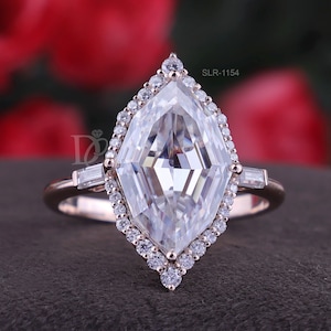 Elongated Dutch Marquise Cut Moissanite Engagement Ring, 14K Rose Gold Halo Wedding Ring, Side Baguette Luxury Art Deco Bridal Ring For Her
