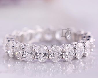 Oval Cut Diamond Eternity Band,Lab Grown Diamond Anniversary Wedding Band,14k White Gold Full Eternity Ring,Women's Delicate Engagement Band