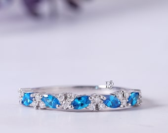 Anillo de bodas con topacio azul de Londres, oro blanco de 14 quilates y 10 quilates, banda a juego con diamantes talla marquesa, anillo único de media eternidad para regalo de aniversario.