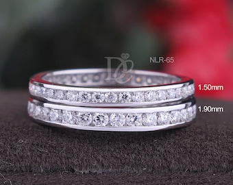 1.50 MM/1.90 MM Round Cut Colorless Moissanite Full Eternity Wedding Band, Stackable Band, Channel Set Wedding Band, White/Yellow Gold