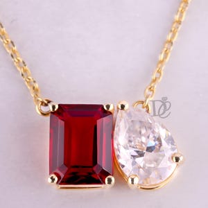 Toi Et Moi Emerald Cut Ruby & Pear Cut Moissanite Pendant Necklace,Solid Gold Two Stone Necklace,Birthstone Jewelry,Wedding Anniversary Gift