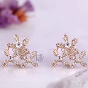 Round Cut Moissanite Flower Style Stud Earrings,14K Solid Yellow Gold Push Back Wedding Earrings,Symmetrical Design,Anniversary Gift Earring