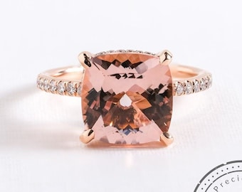 Pink Morganite Ring 2.65 CT Cushion Morganite Engagement Ring, Hidden Halo Wedding Ring, Solid 14K Rose Gold Promise Ring, Anniversary Gift,